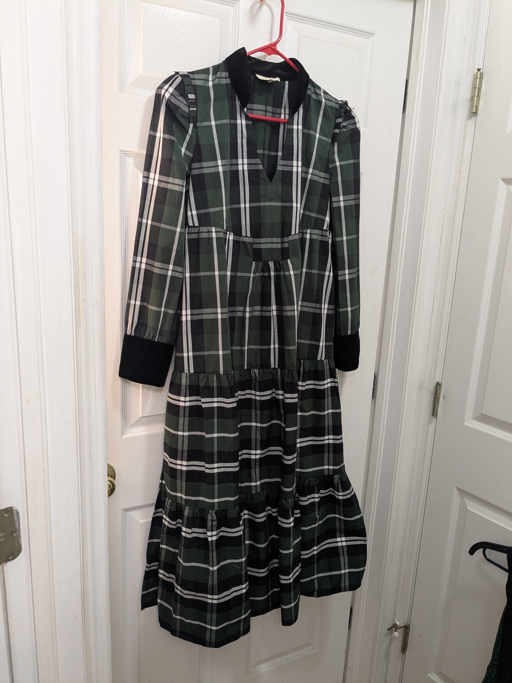 Tuckernuck Green and Black Plaid Tiered Long-Sleeve Dress